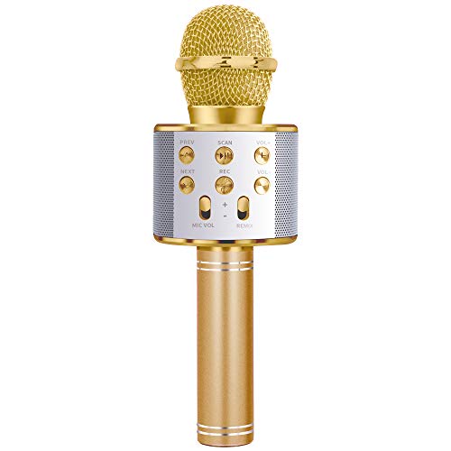 SUNTOY Micrófono de Karaoke para niñas, Altavoz de micrófono Bluetooth Regalo de cumpleaños de niña para niña de 6-9 años Micrófono inalámbrico para niños Juguete para niño Adolescente Oro Mic