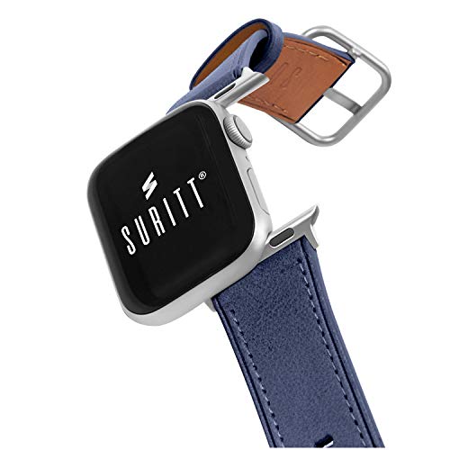 Suritt ® Correa para Apple Watch de Piel Rio (6 Colores Disponibles). 3 Colores de Hebilla y Adaptador para Elegir (Negro - Plata - Oro)(Series 6, SE, 5, 4, 3). (42mm / 44mm, Midnight Blue/Silver)
