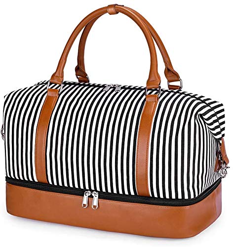 SUVOM Bolsas de Mano Viaje para Mujer, Bolsa de Lona a Rayas con Correa de Cuero PU para Mujeres Bolso de Deporte para Fin de Semana y Noche (Raya Delgada en Blanco y Negro)