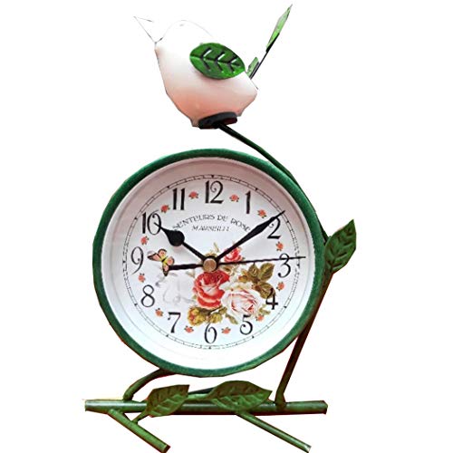 S.W.H Silencioso Pastoral Reloj de Mesa Decorativo con Flores y Mariposa Diseño para Salon Dormitorio Casa, Verde