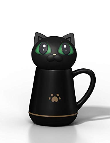 Taza de café con bonita tapa de silicona suave para gatos que se puede amasar y apretarse, ideal para oficina y hogar, taza de descompresión de 350 ml, color negro