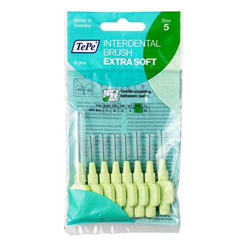 TePe Cepillos interdentales Extra Suaves/Palillos interdentales para una higiene bucal delicada/Tamaño 5, diámetro 0,8mm / 8 unidades por paquete, color verde claro