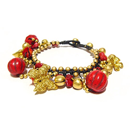 Tobillera de moda Idin - hecho a mano de oro-tono de cuentas, encanto de la mariposa, campanas y rojo coral piedras Tejido con cuerda encerada queratósico (aprox. 23-24 cm)