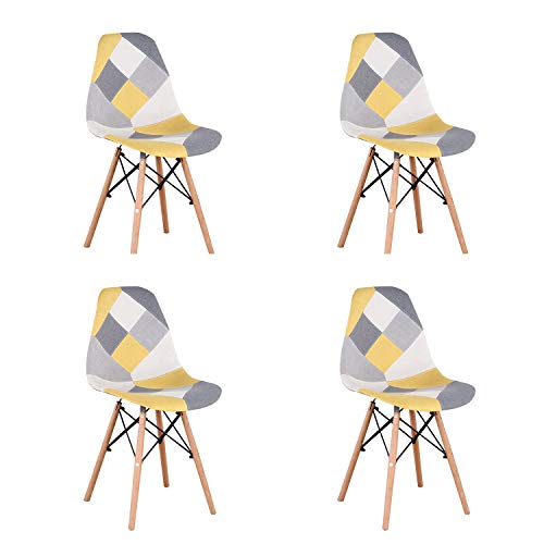 Un conjunto con 4 sillas de comedor hechas de patchwork moderno en estilo nórdico tapizado con tela de patchwork y silla de marco de madera en estilo escandinavo (amarillo)