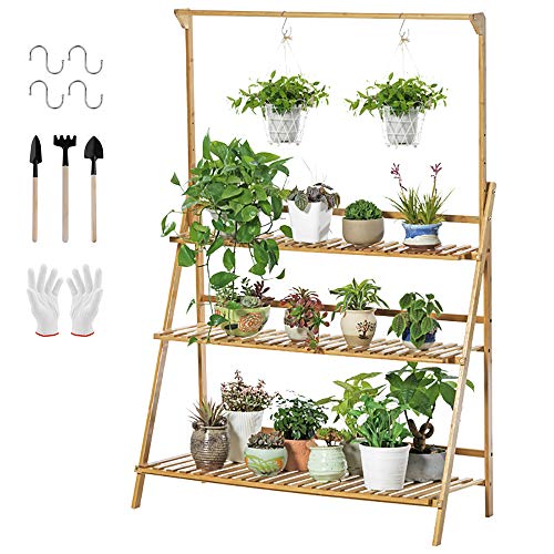 unho Estantería para Macetas Estante Decorativo de Bambú para Plantas Flores Estantería Escalera para Jardín Exterior Interior con 3 Niveles 100 x 40 x 96cm