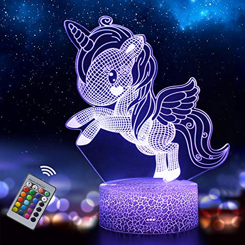 Unicornio 3D Luz Nocturna para Niños, LED USB Luces Nocturnas Ilusión Lámpara de mesa táctil Luces con Control Remoto para la Decoración del Partido Presentes de cumpleaño(unicornio3)