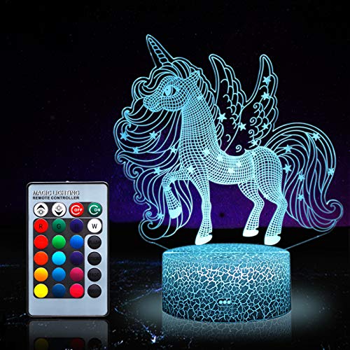 Unicornio luz nocturna para niños, juguetes de unicornio para niña, 16 colores cambiantes lámpara de noche con mando a distancia 1169