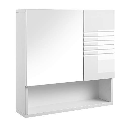 VASAGLE Mueble de Baño con Espejo, Armario de Pared, Armario de Pared, con Baldas Ajustables, Bisagras para Tampón, 54 x 15 x 55 cm, Blanco BBK21WT