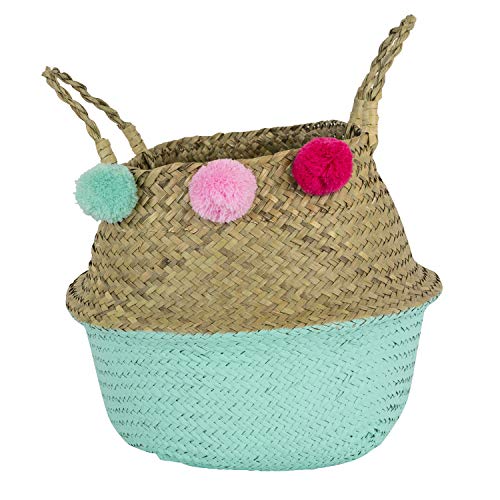 Vaukura - Cesta de Almacenaje - Cesta de Junco Trenzado Verde Menta con Pompones Vaukura - Cesta de Almacenaje - Cesta de Junco Trenzado Verde Menta con Pompones