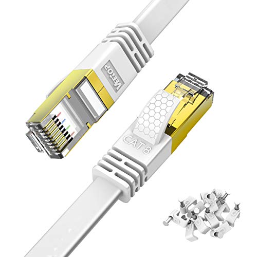 Veetop Cable Ethernet 25 Metros Cat 8 de Red con Conectores rj45 Oro para 40 Gigabit Internet LAN Plano - Blanco