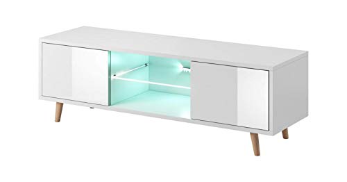 VIVALDI Mueble para TV - SWEDEN - 140 cm - Blanco Mate con Blanco Brillante con iluminación LED Azul - Estilo Scandinavo