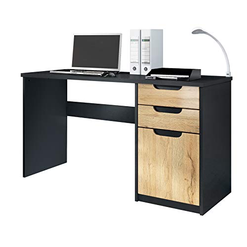 Vladon Escritorio Mesa para computadora Mueble de Oficina Logan, Cuerpo en Negro Mate/frentes en Roble Natural
