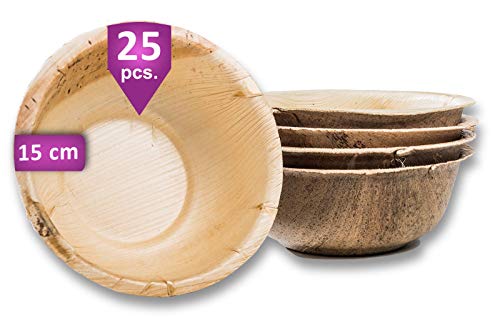 Waipur Hoja de Palma Cuencos Orgánicos – 25 Cuencos Desechables 15 cm/ 500 ml - Vajillas Desechables Premium, Estable, Natural y Compostable – Cuencos Madera – Bambu Bol Biodegradable