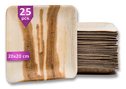 Waipur Platos Hoja de Palma Orgánicos – 25 Platos Desechables Cuadrados 20x20 cm - Vajilla Ecológica de Lujo, Estable, Natural y Biodegradable - Platos de Fiesta – Platos de Madera