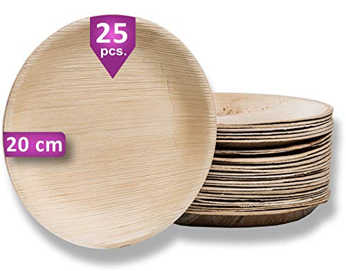 Waipur Platos Hoja de Palma Orgánicos – 25 Platos Desechables Redondos Ø 20 cm - Vajilla Ecológica de Lujo, Estable, Natural y Biodegradable - Platos de Fiesta – Platos de Madera