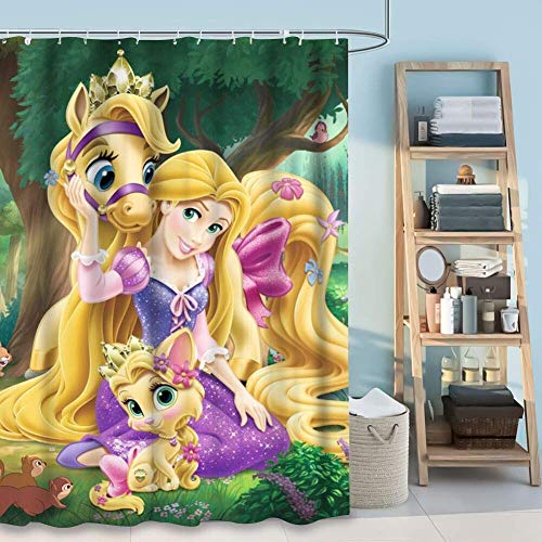 wanshangcheng Shower Curtain Liner 72X80 Inch Pony Larenzal and Princess Rapunzel Cartoon Cute Bathroom Home Waterproof 60X72 Inch
