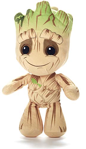 WHL Marvel, Baby Groot Peluche, Guardianes de la Galaxia, clásico, Maceta, con Mono Rojo y Cinta de Casete, 30 CM (12") - Licencia Oficial (Baby Groot CLÁSICO)