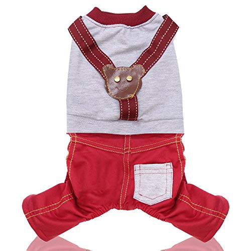 WOIA Tirantes Lindos Casuales Bolsillo de Oso Pantalones de Cuatro Patas Algodón Suministros para Mascotas, Rojo + Gris, XL