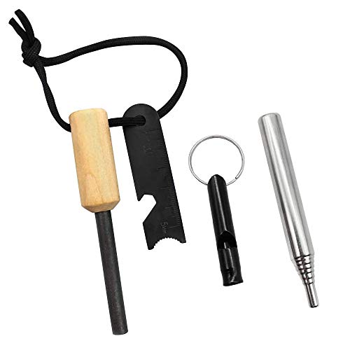 YGHH Iniciador de Fuego, Arrancador de Fuego, Encendedor Pedernal, Portátil Súper Ligero Kit Inicio de Fuego con Raspador y Silbato de Emergencia para Supervivencia de Acampada Al Aire Libre (Negro)