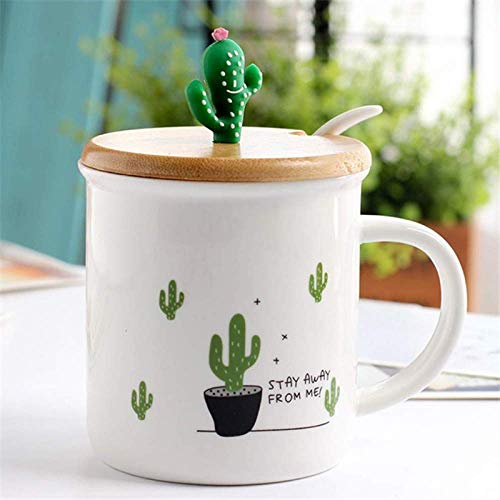 yylikehome 350 ml de Dibujos Animados Taza de Cactus Planta Creativa Taza de café Cactus Cubierta de bambú Taza Cuchara de cerámica Leche Desayuno Taza