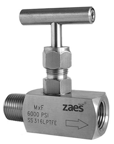 ZAES - Válvula de aguja 1/2" BSP Macho - Hembra Acero Inoxidable AISI 316L PTFE 6000 PSI (413 Bar) alta presión, válvula de cierre con rosca interna, válvula reguladora.