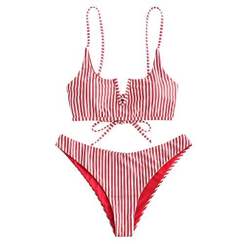 Zaful Bikini sexy en forma de V con tirante fino y diseño de rayas rojo S