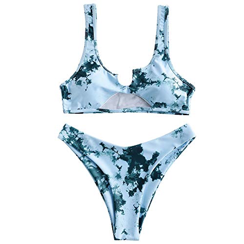 ZAFUL Conjunto de bikini de dos piezas, parte superior de bikini Bralette Wrap, chaleco hueco, cintura alta, parte inferior para mujer Turquesa gris. M