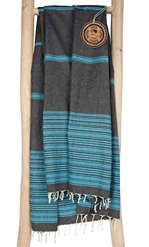 ZusenZomer Fouta Toalla hammam 100x190 Biarritz - Toalla de Playa Sauna Yoga Grande y Ligera - 100% Algodón Diseño Exclusivo - Foutas Playa Comercio Justo (Negro, Turquesa)