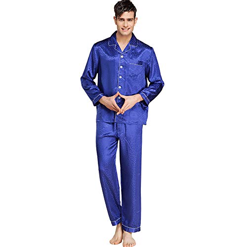 100 Pijama de Seda Pura para Hombre Set de Pijama Larga Pijamas Set Pure Mulberry Silk Lightweight Macho Loungewear PJS,Blue,L