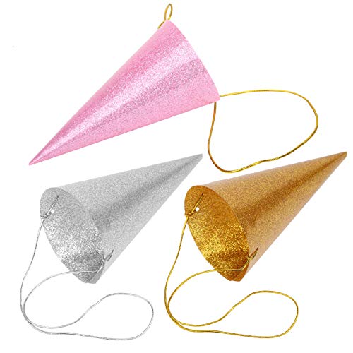 12PCS Party Glitter Cono Sombreros, Encantador cono de papel Sombreros de fiesta de cumpleaños Sombrero de cumpleaños brillante para bebé niña niño(oro)