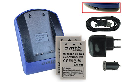 2 Baterìas + Cargador (USB/Coche/Corriente) para EN-EL5 / Nikon Coolpix P3 P4 P80 P90 P530 P5000 P5100 P6000 S10. - Ver Lista