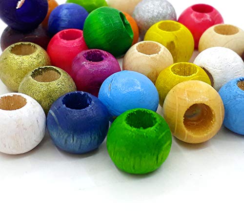 200 perlas de madera de 10 mm, agujero grande de 4,5 mm, agujero grande para enhebrar, bolas de madera, redondas, multicolor, set para manualidades, bisutería