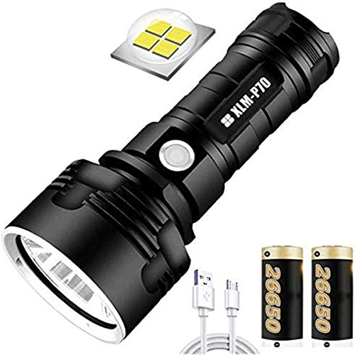 30000-100000 Lumen High Power LED Waterproof Flash Light Lamp Ultra Bright,3 Modes Zoomable Flashlights,for Outdoor Hiking Hunting Camping Sport (P70 (With 26650 x2 Batteries))