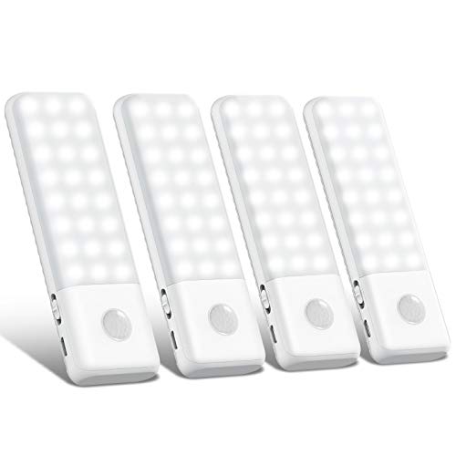 [4 Paquete] Luz Armario, Trswyop Súper Brillante 48 LED Luz Nocturna con Sensor de Movimiento, Luz USB Recargable , Lámpara Nocturna Ideal para Armario, Pasillo, Escalerav, Cocina, Garaje