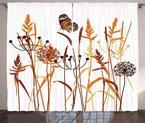 ABAKUHAUS Mariposa Cortinas, Composición con Hojas, Sala de Estar Dormitorio Cortinas Ventana Set de Dos Paños, 280 x 225 cm, Naranja Borgoña Blanca