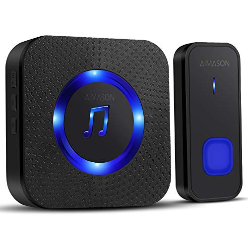 AIMASON – Timbre inalámbrico resistente al agua, juego de timbre inalámbrico con 400 m de alcance, 55 melodías, 5 niveles de volumen, timbre y botón de timbre con indicador LED AIMASON – Timbre inalámbrico resistente al agua, juego de timbre inalámbrico con 400 m de alcance, 55 melodías, 5 niveles de volumen, timbre y botón de timbre con indicador LED