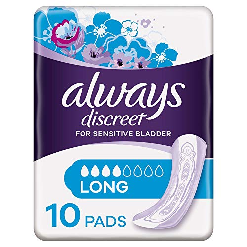 Always Discreet - Compresas de incontinencia largas, 10 unidades, protección discreta y alta absorción para pérdidas de orina, neutraliza los olores