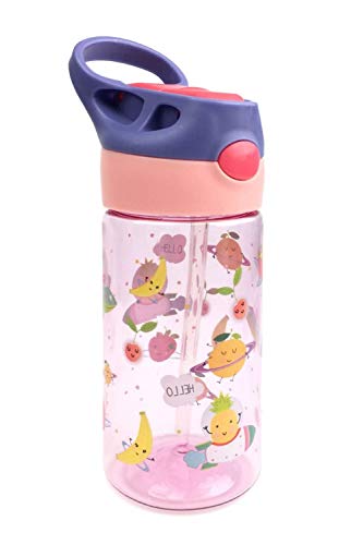 AMTBABY Botella de Tritan reutilizable con sistema antigoteo de 450ml. Facil Apertura. Sin BPA para uso diario y aprendizaje de Bebes y Niños (Fruta)