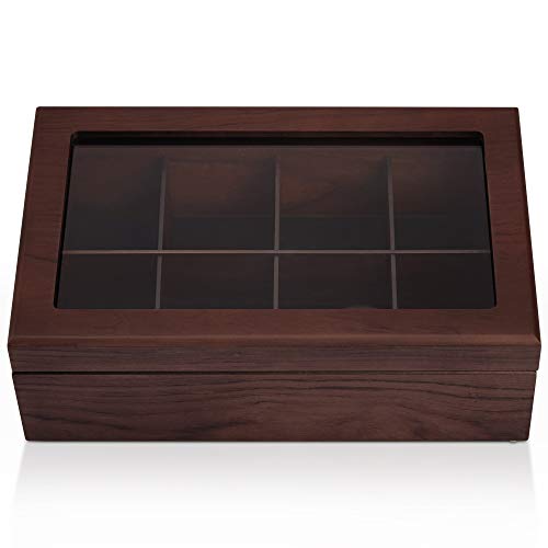 Apace Living Caja para Té - Lujoso Organizador de Madera para Guardar el Té - 8 Compartimentos Ajustables para Bolsitas de Té - Elegante y Hecha a Mano con Ventanilla Transparente Resistente