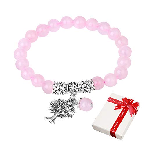 Árbol de la vida Pulsera de cuarzo rosa para mujer Mujer, piedras preciosas Joyas de moda Cristal de curación natural Pulseras de piedra natales con colgante para yoga Regalos para el día de la madre