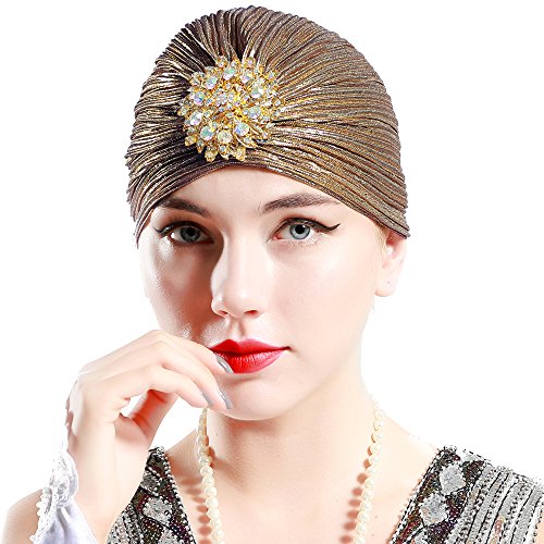 ArtiDeco Sombrero turbante para mujer con cristales, estilo retro de los años 20 dorado oscuro Talla única