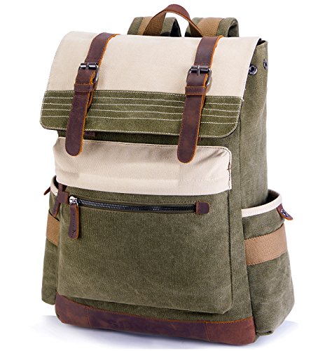 Arzopa Mochila de Lona con Cuero Real para Hombre y Mujer, Bolsa de Viaje y Escolar Mochilas para Ordenador Portátil de 15.6 Pulgadas (Verde Militare)