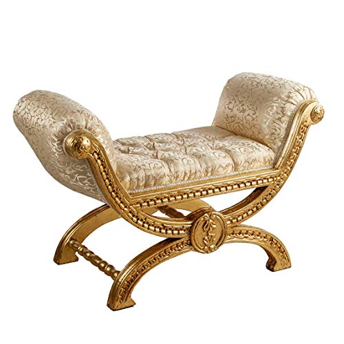 Banco de estilo barroco clásico de madera maciza con hoja dorada y revestimiento de seda beige damasco Banco de estilo barroco clásico de madera maciza con hoja dorada y revestimiento de seda beige damasco