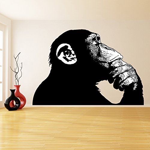 Banksy Vinilo Adhesivo Pared Thinking Mono con Blanco Piezas/de Colores Realista Inteligente Ape/Arte CALLEJERA Grafiti Mural + Gratis Pegatina Regalo - Blanco, 100x68 cm