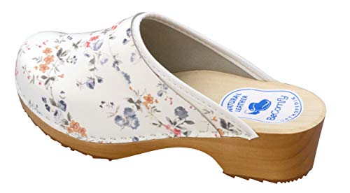 BeComfy - Zuecos de Madera con Cuero para Mujeres - Zapatos para el Trabajo - Suela Reforzada con una Capa de Goma Elástica - Blanco, Negro, Azul Marino, Flores (38 EU, Flores Coloridas)