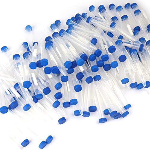 Bekith 200 tubos de centrífuga de plástico, 15 ml, parte inferior cónica, marcas graduadas, tapa de rosca azul, sin fugas