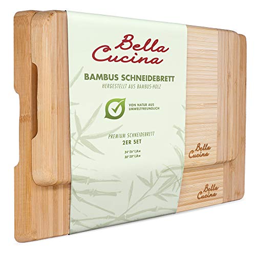 Bella Cucina© Juego de tablas de cortar de bambú prémium | 2 tablas de cocina extra gruesas y estables de madera | Incluye asa para servir