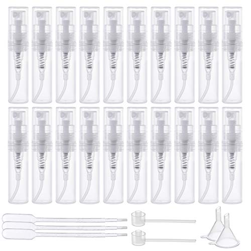 BENECREAT 80PCS 2ml Mini Botellas de Spray de Plástico Transparente Botellas Vacías Atomizador de Perfume con Pipetas de Transferencia, Embudos y Bombas Dispensadoras de Cosméticos