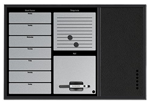 Bi-Office - Organizador Semanal Combinado, 60 x 40 cm, Pizarra de Planificación Semanal Magnetica Plateada y Tablón de Anúncios de Fieltro Negro con Marco MDF Negro