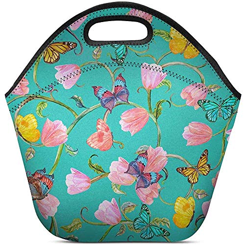 Bolsa De Almuerzo,Bolsa De Almuerzo De Neopreno Fantasy Floral Butterfly Aislada Lonchera Tote Bag